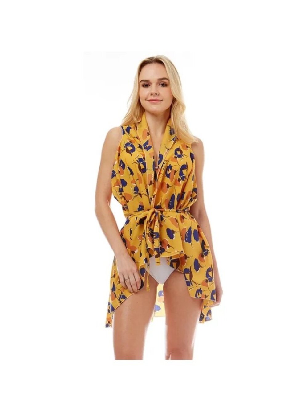 Mustard Floral High-Low Tie Waist Swimsuit Cover-Up Vest Beach Cruise Vacation